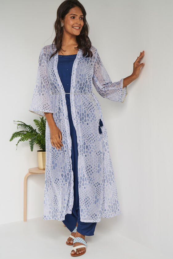 Blue Floral Top Dhoti With Overlay 3P Suit Set, Blue, image 2